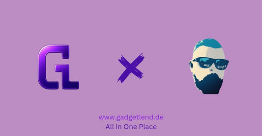 Lila Banner mit Gadgetlend-Logo links, einem X in der Mitte und einer stilisierten Männergrafik rechts; darunter der Text ‚www.gadgetlend.de – All in One Place‘